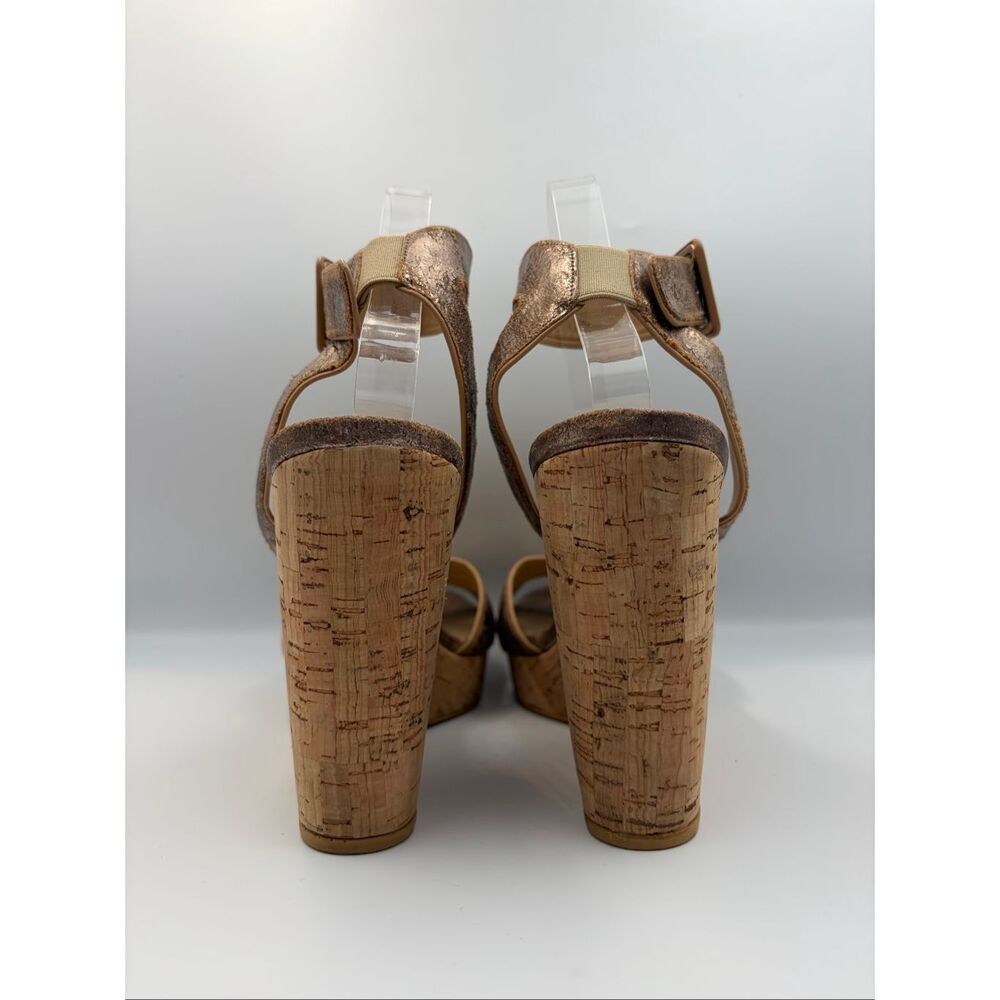 Stuart Weitzman Annex Penny Cork Wedge Sandals Metallic Crackle Leather 10.5 - Picture 4 of 12